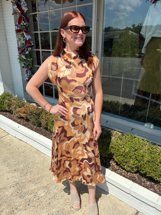 Brown Multi Cowl Neck Dress