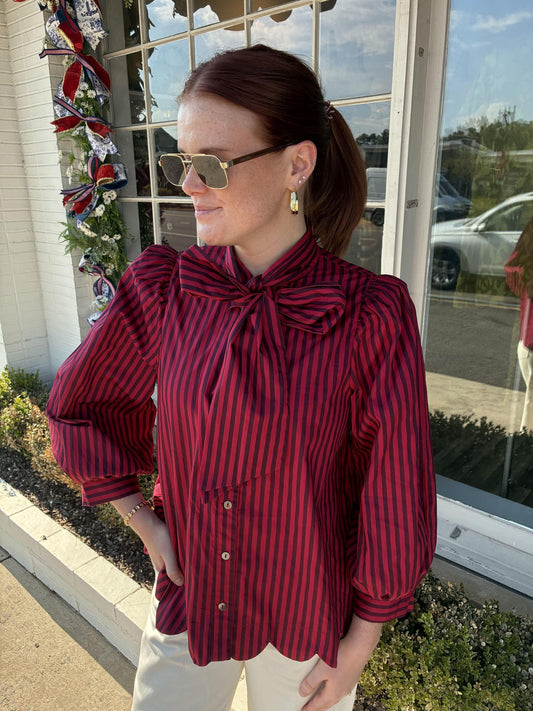 Tie Neck Scallop Top- Red