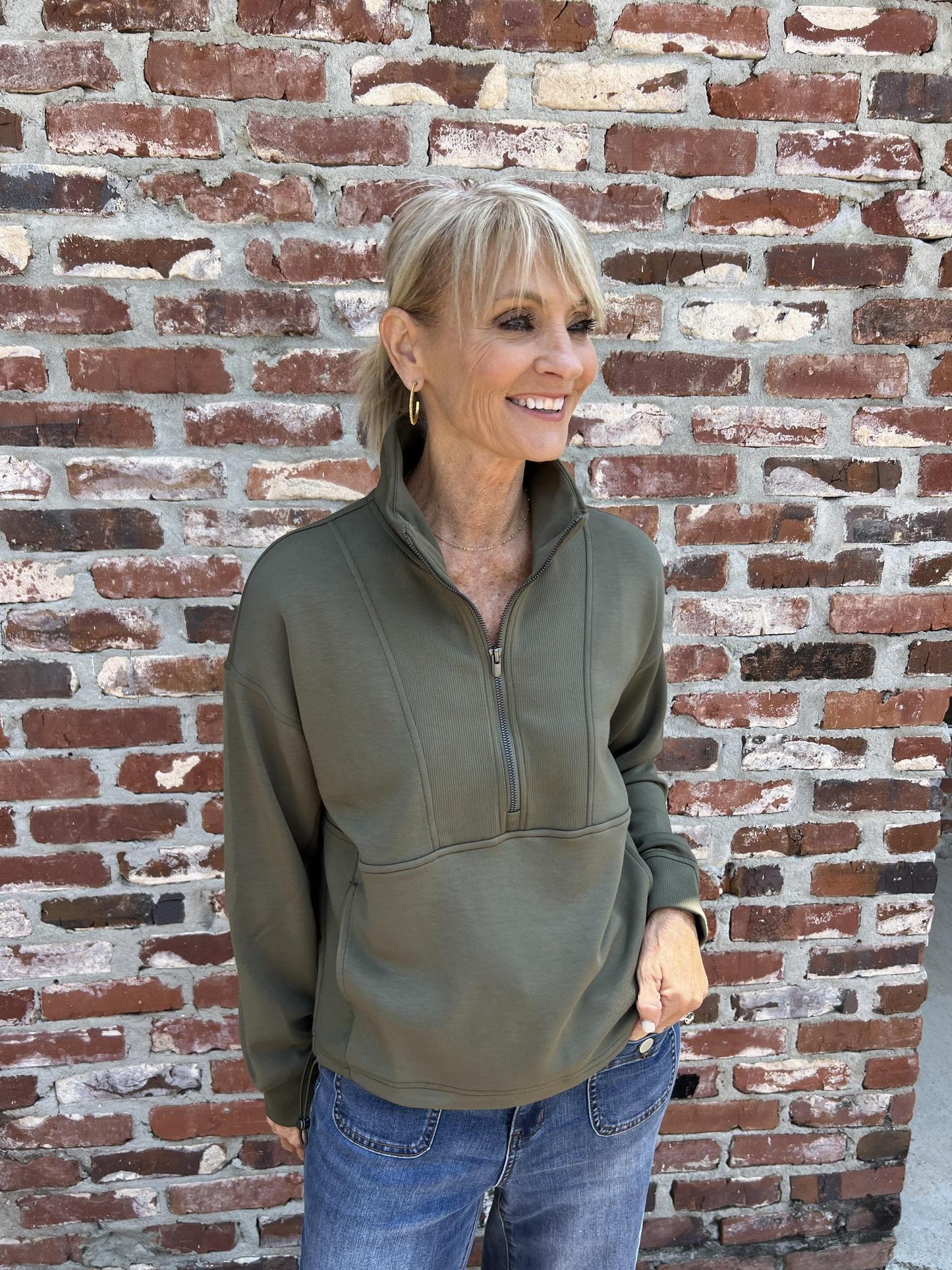 Mock Neck Top W/ Zipper- Basil