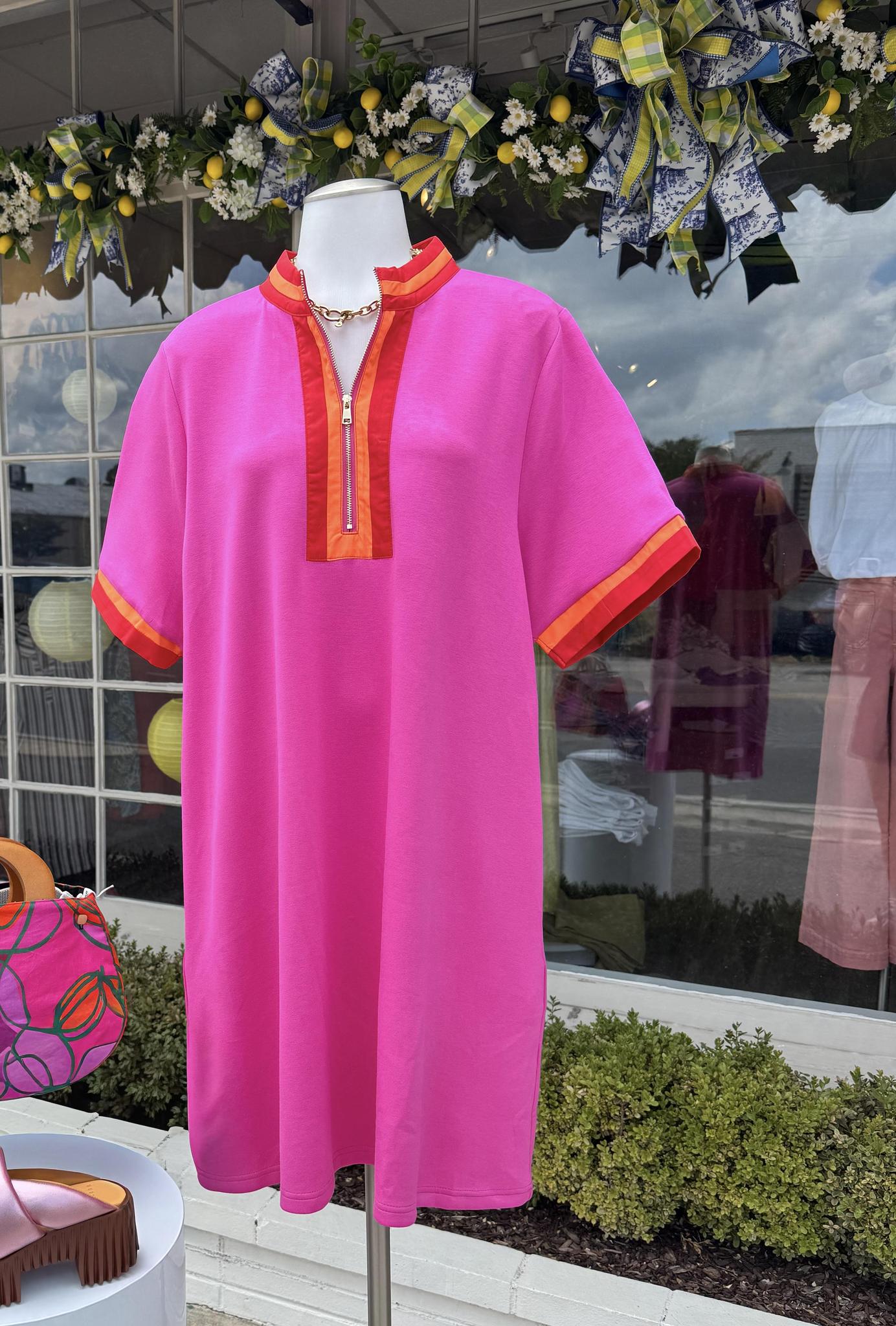 Half Zip Trim Dress- Pink