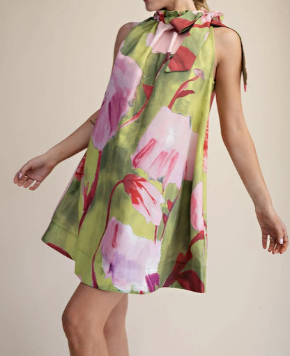 Ruffle Neck Floral Mini Dress