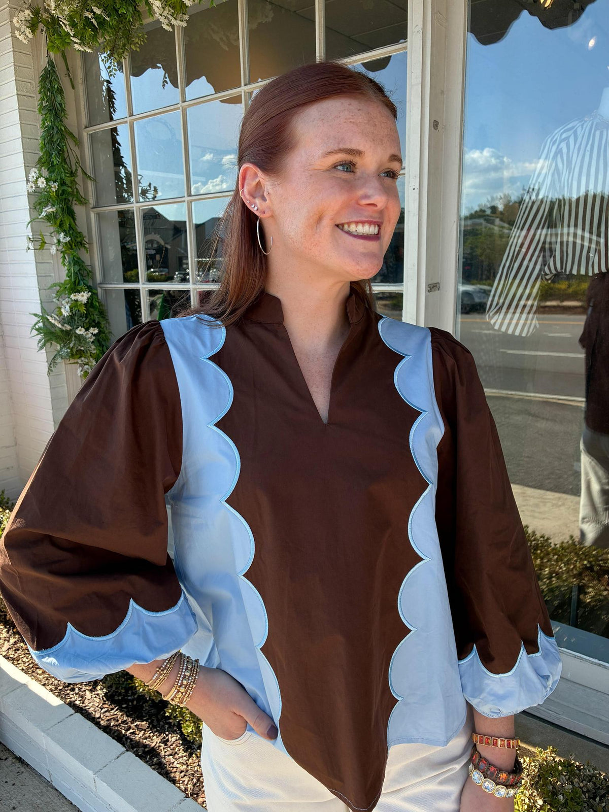 Sky Blue & Chocolate Scallop Blouse