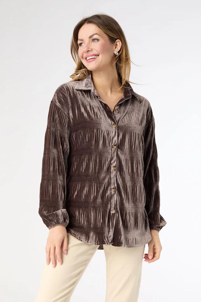 Pleated Velour Top- Brown