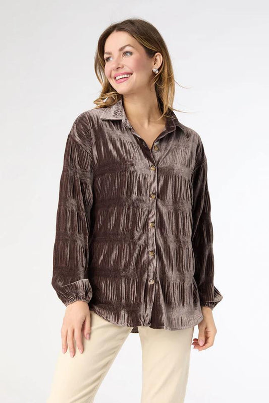 Pleated Velour Top- Brown