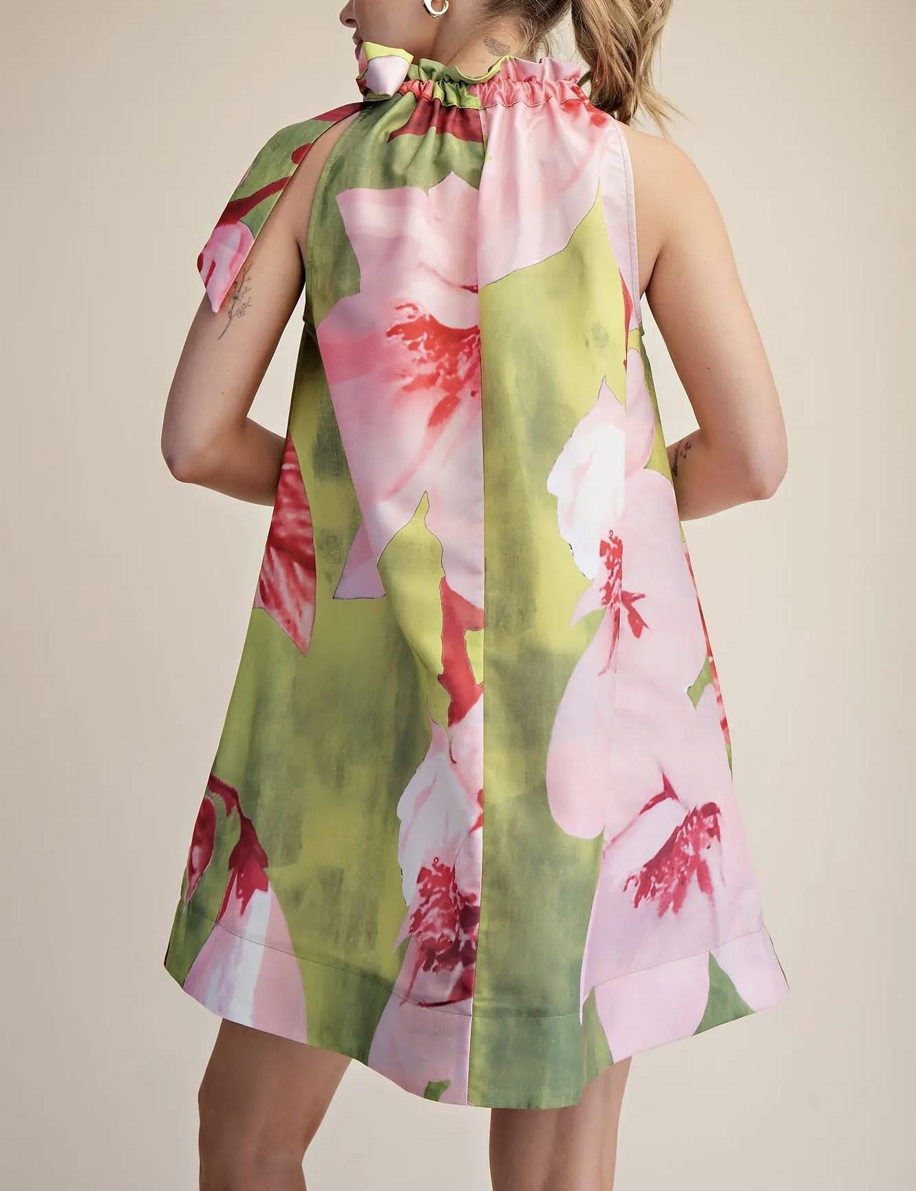 Ruffle Neck Floral Mini Dress