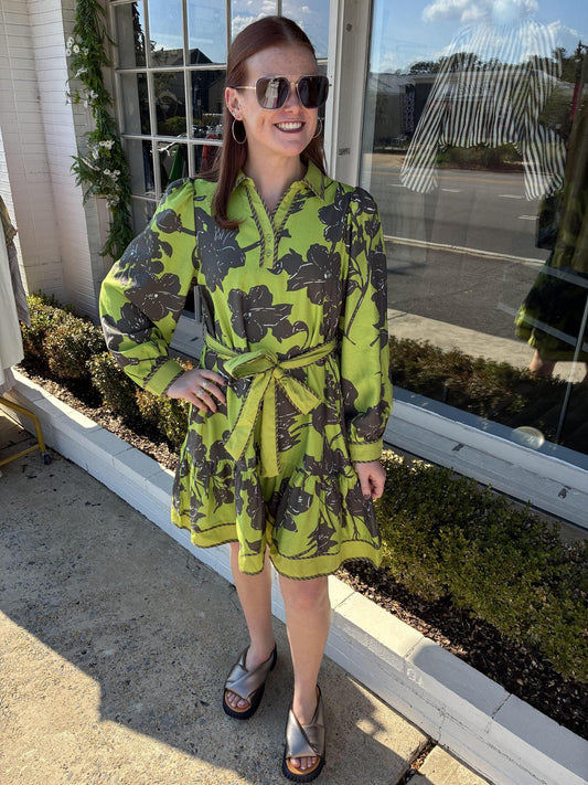 Floral Tie Dress- Green Apple