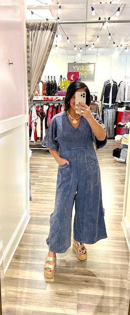 Washed Denim Knit Jumpsuit