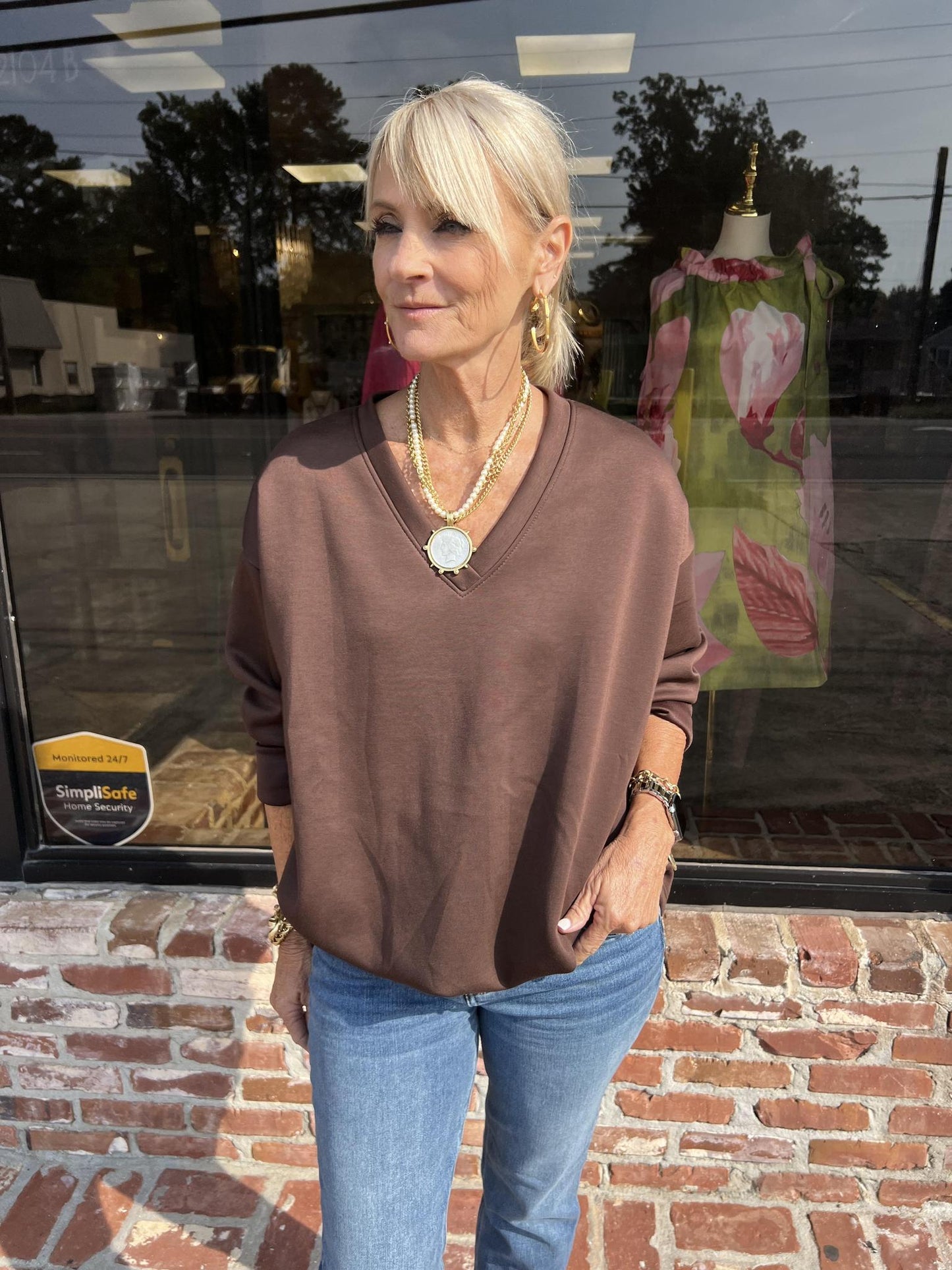V-Neck Bubble Sweatshirt-Brown