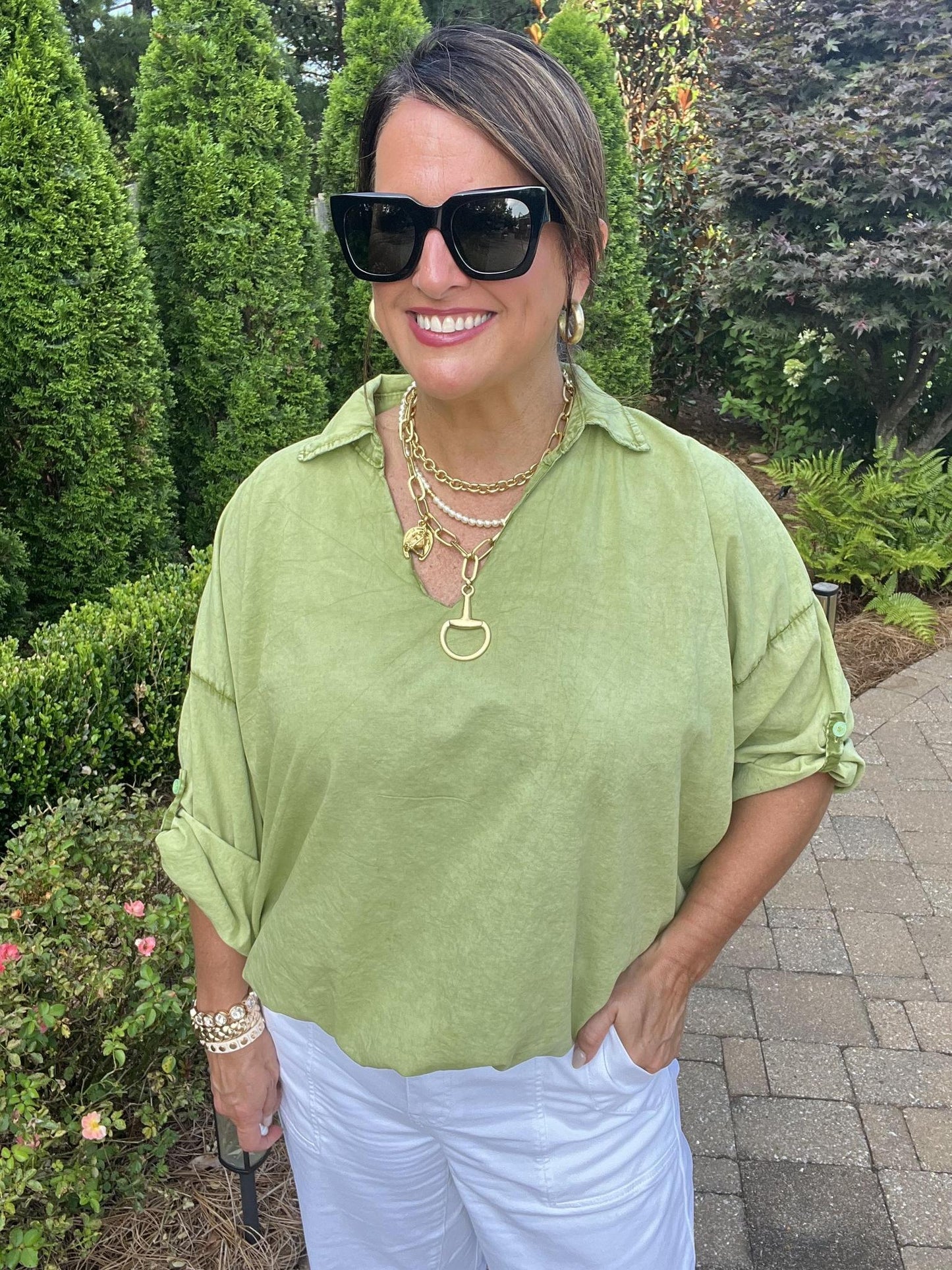 One Size Collar Bubble Top-Chartreuse