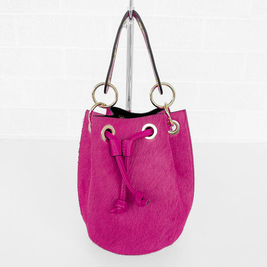Leather Cowhide Bucket Purse Fuschia