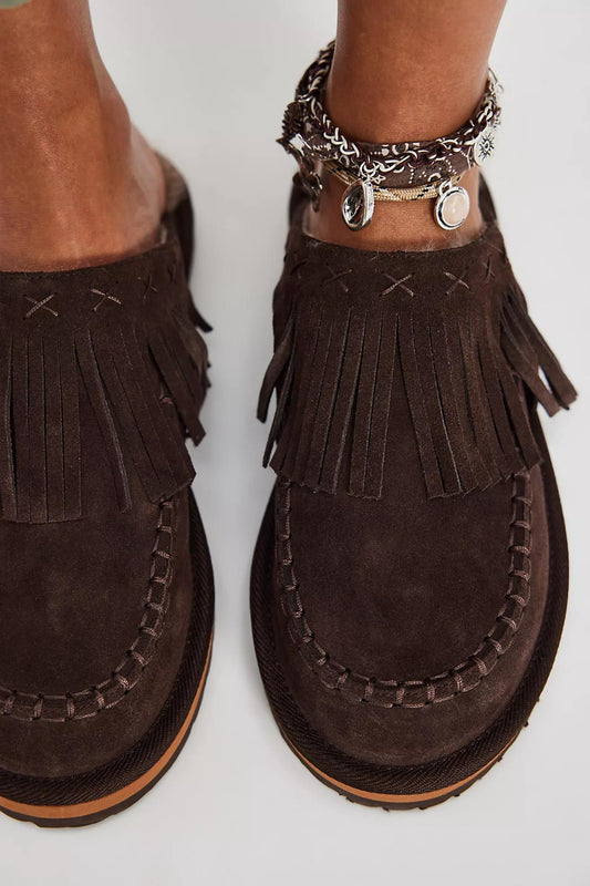 Free People Fallon Fringe Mule- Chocolate Suede