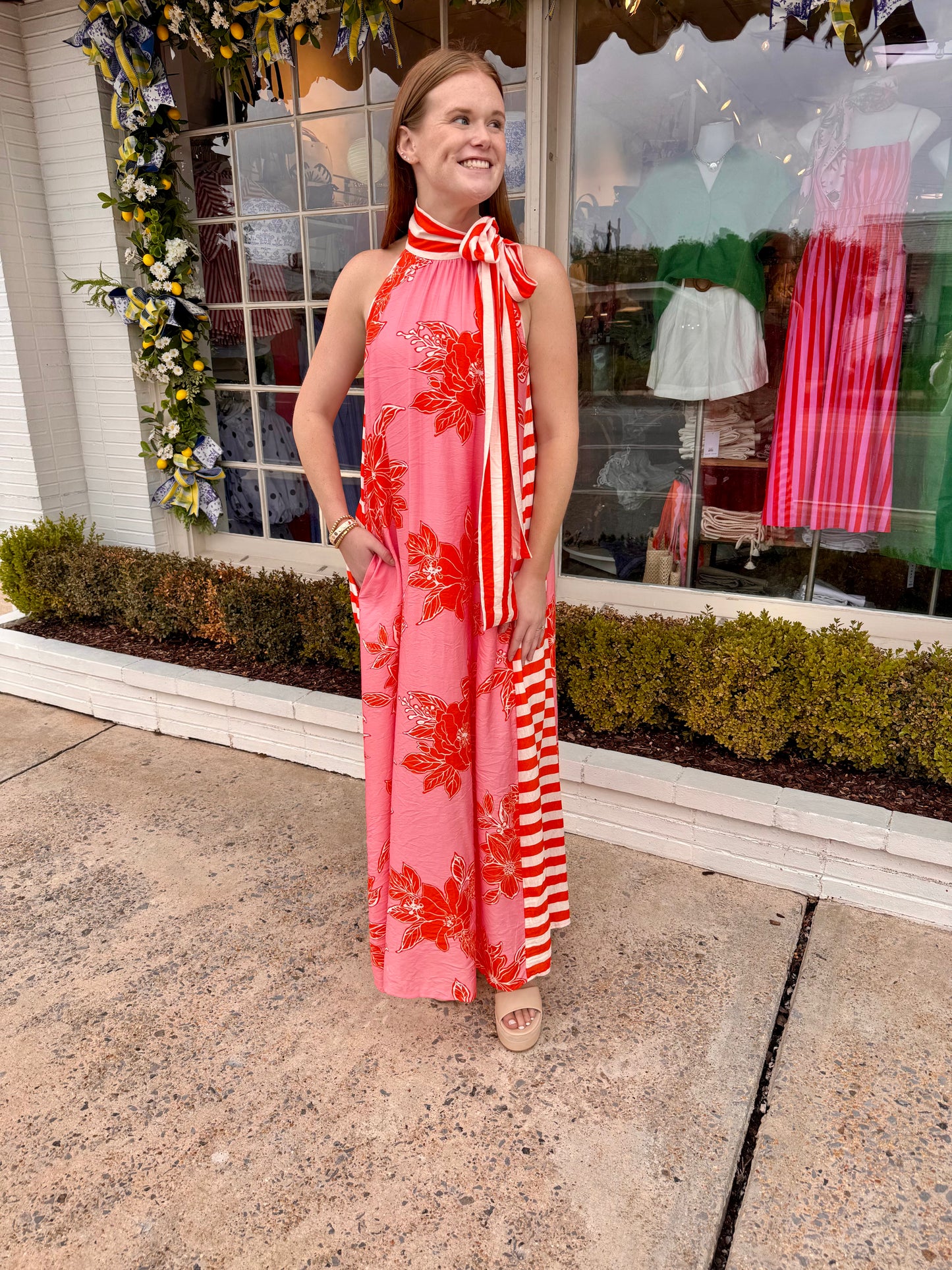Floral Stripe Halter Dress