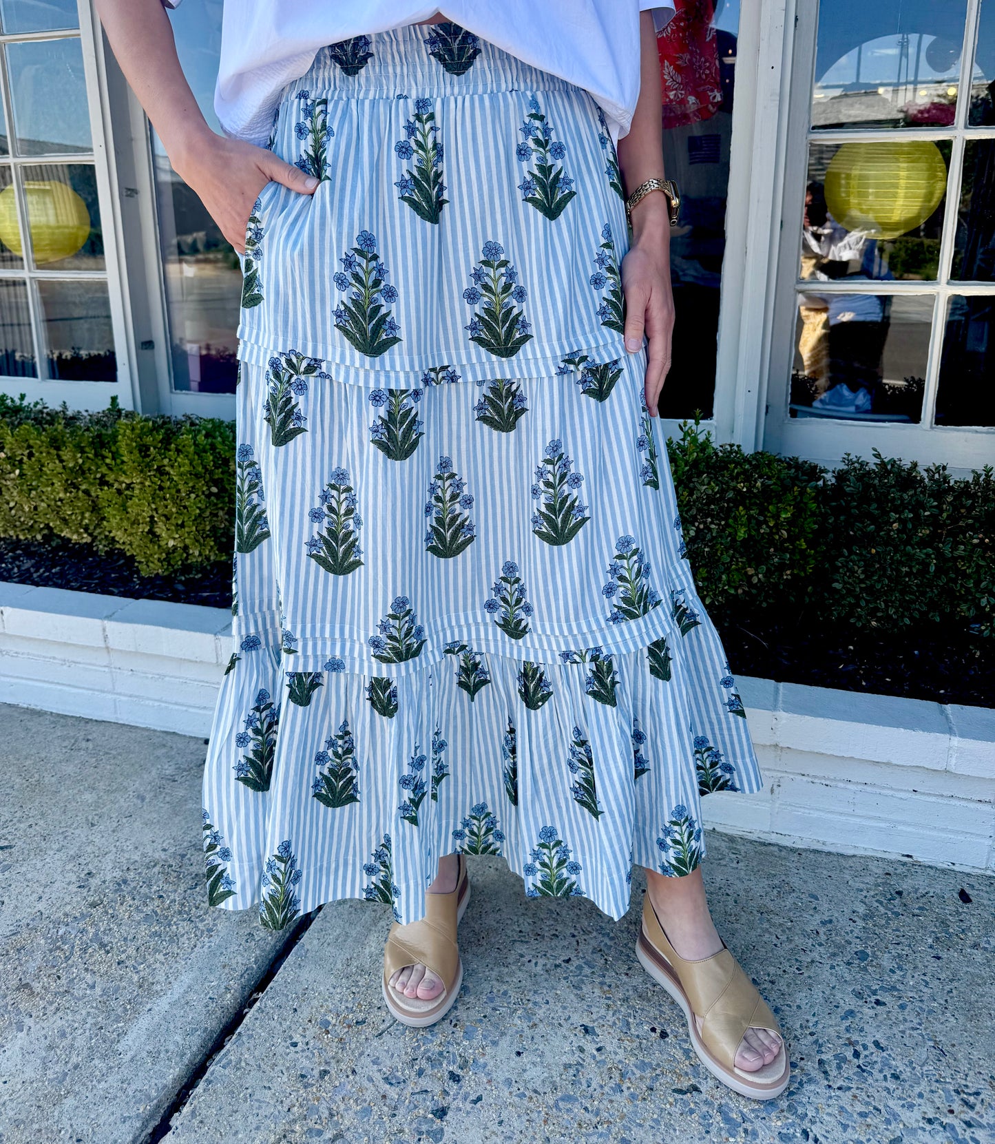 Striped Floral Midi Skirt