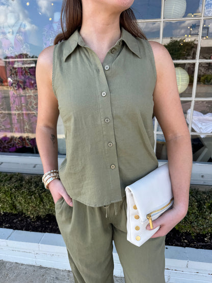 Sleeveless Collar Top- Aloe