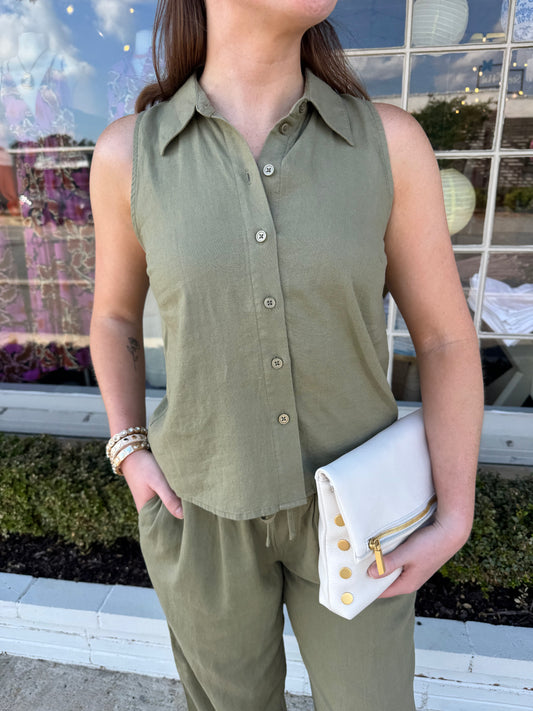 Sleeveless Collar Top- Aloe