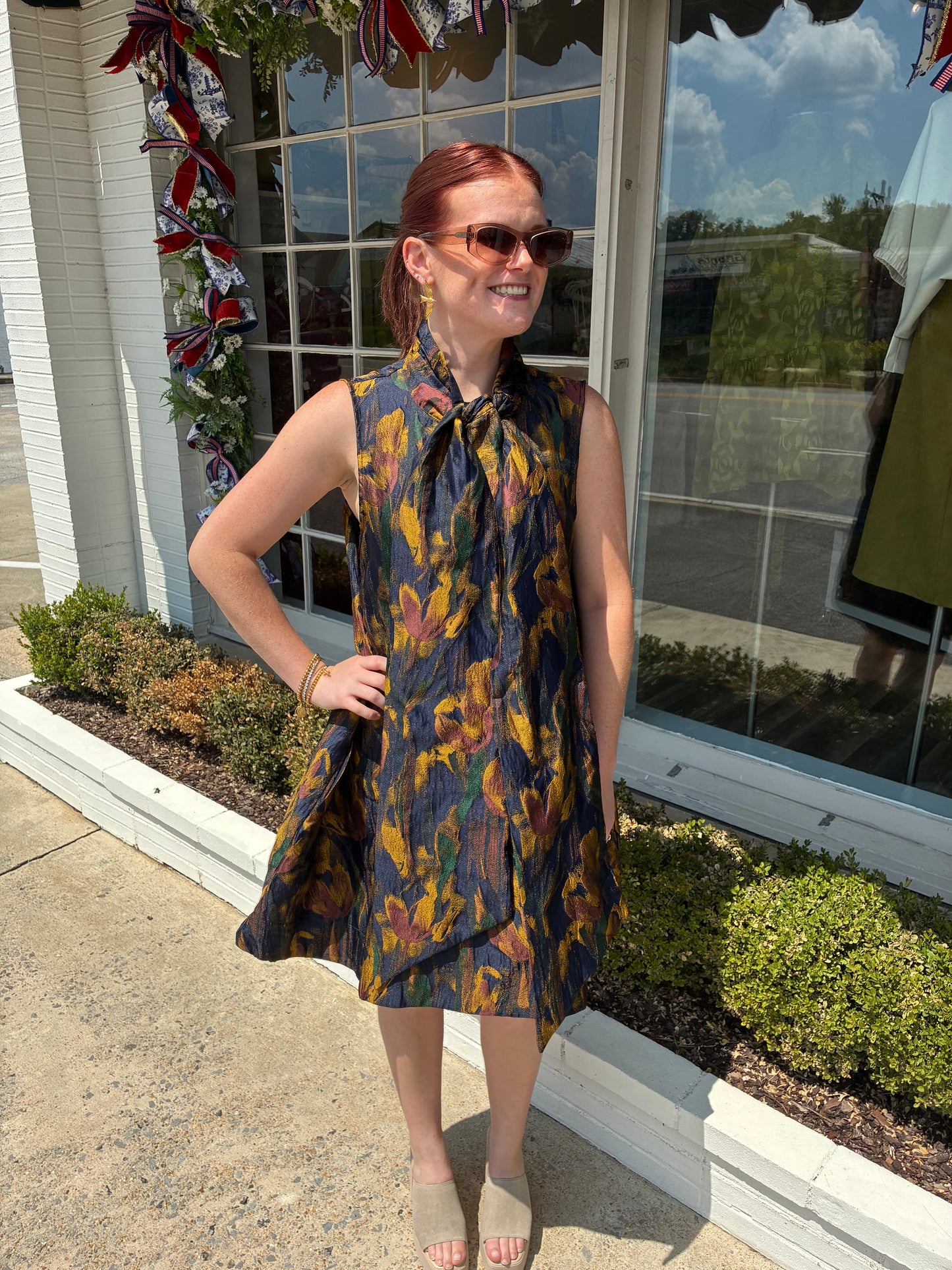 Metallic Tie Neck Dress- Mustard