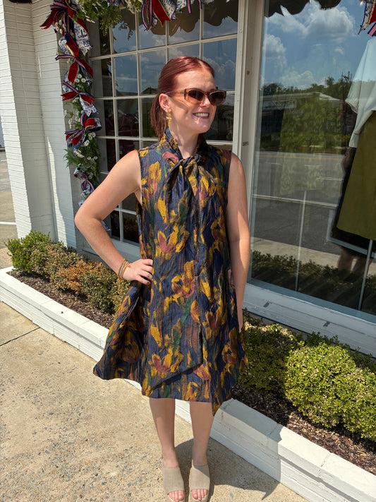 Metallic Tie Neck Dress- Mustard