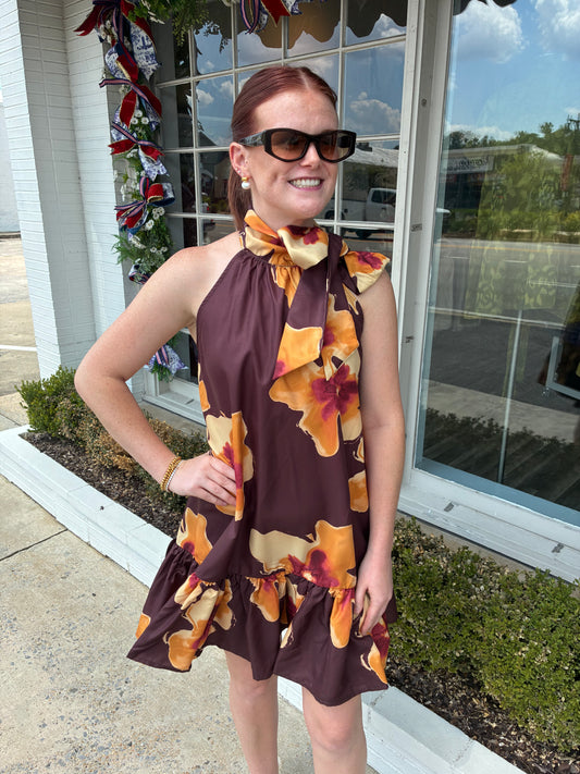 Floral Tie Neck Dress- Brick