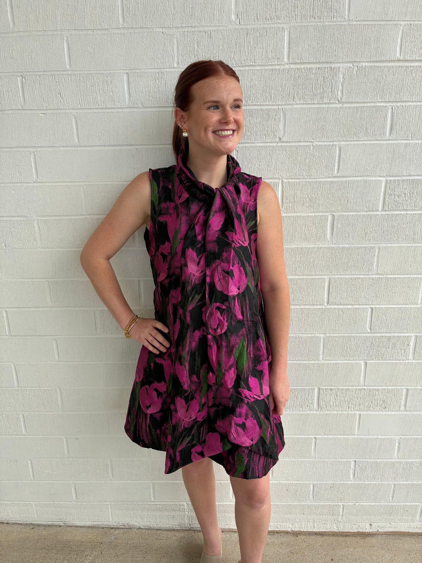 Metallic Tie Neck Dress- Fuchsia