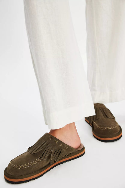 Free People Fallon Fringe Mule- Olive Suede