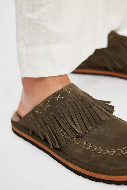 Free People Fallon Fringe Mule- Olive Suede