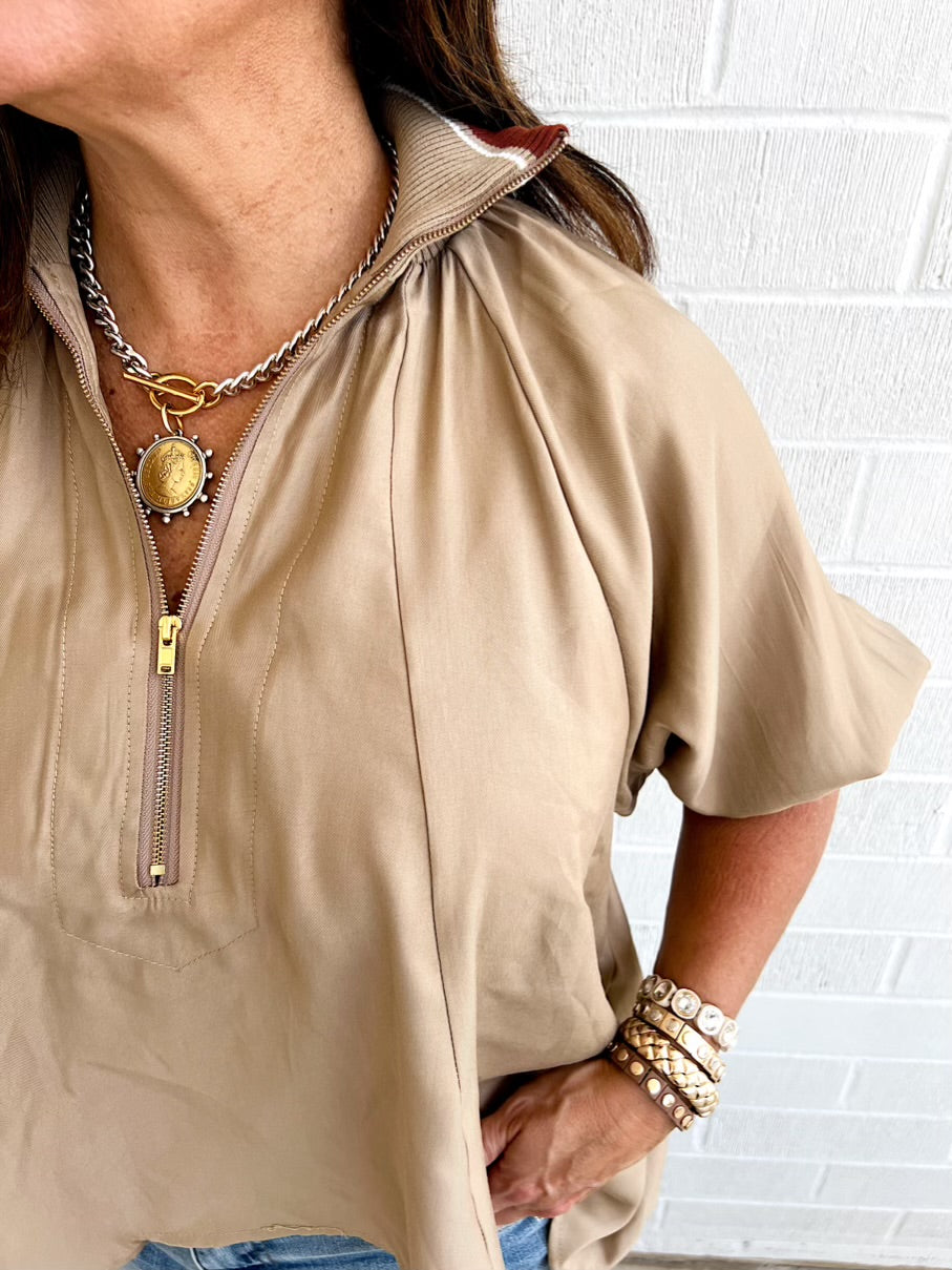 Zip Collar Swing Top-Taupe