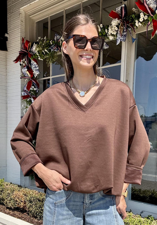 V-Neck Bubble Sweatshirt-Brown