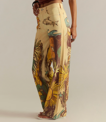 Printed Straight Leg- Beach Scene