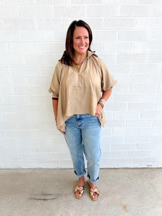 Zip Collar Swing Top-Taupe