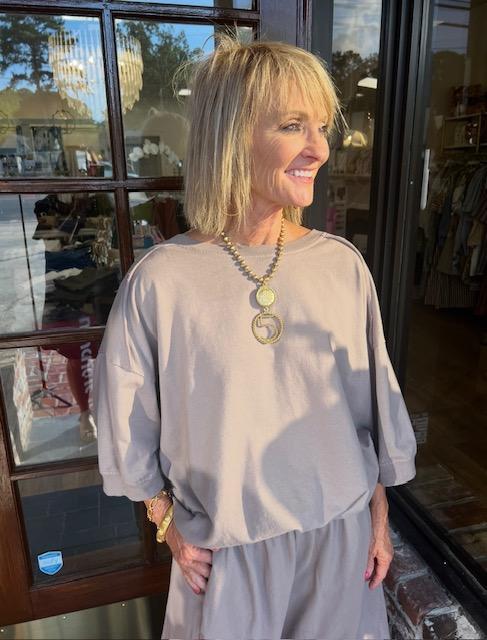 One Size Short Slv Sweatshirt-Taupe