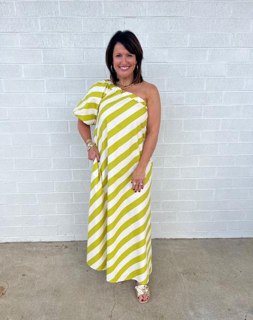 Blaire One Shoulder Pistachio Stripe Dress