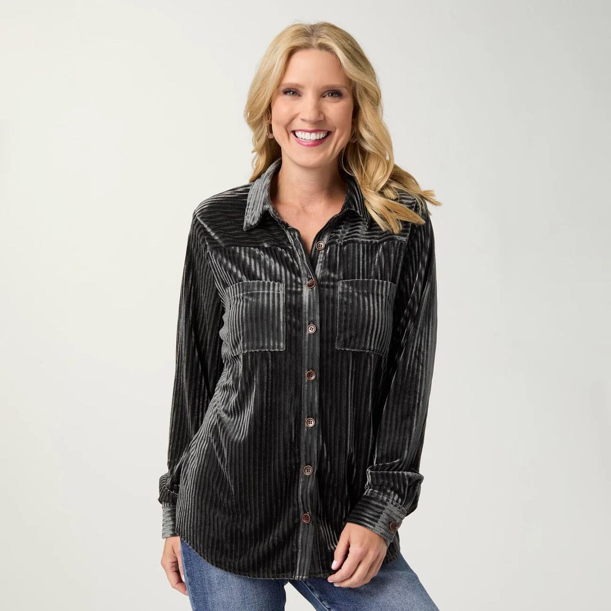 Ribbed Velour Button Up
