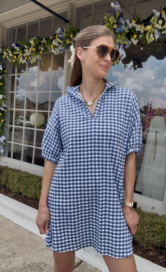 Navy Seersucker Gingham Dress