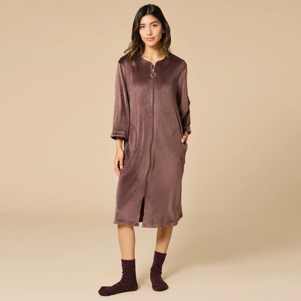 Softies Short Velvet Zip Robe- Espresso