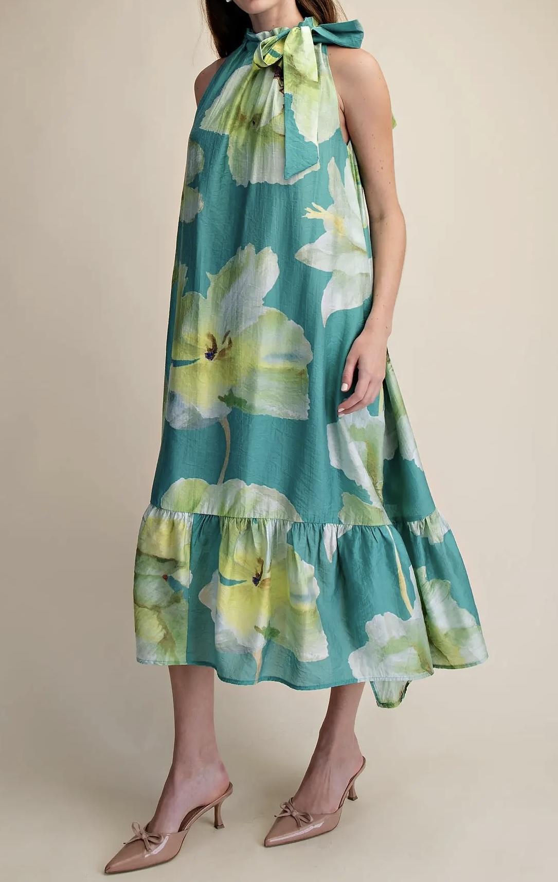 Ruffle Neck Floral Midi Dress