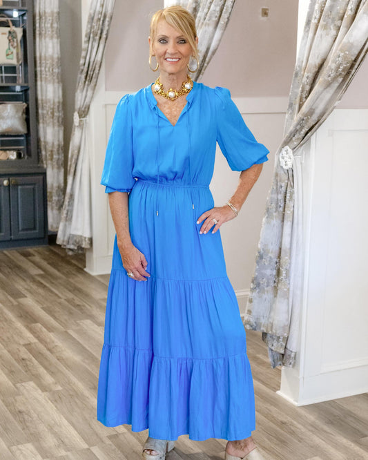 Tiered Satin Maxi Dress- Blue