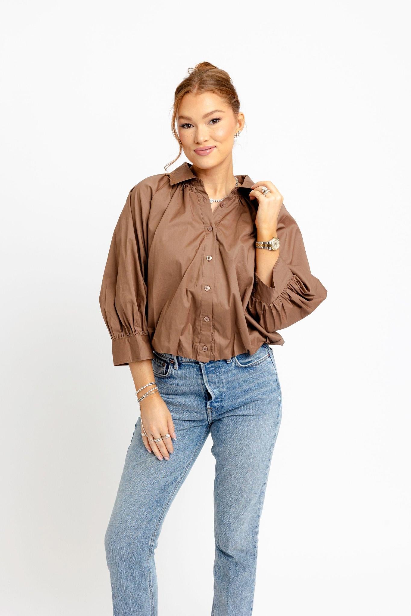 Collar Bubble Top-Brown