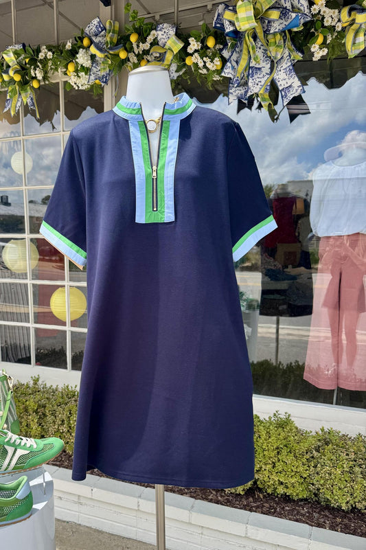 Half Zip Trim Dress- Blue