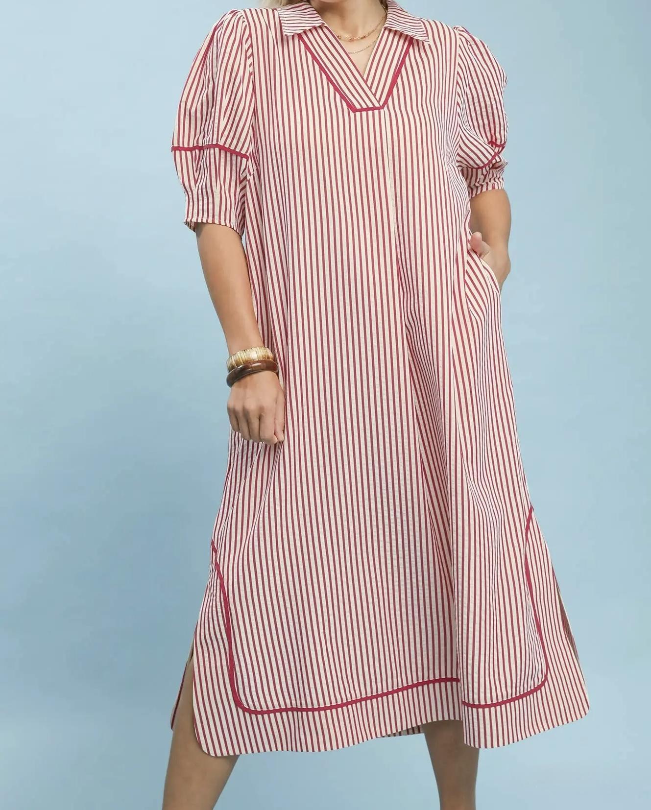 Border Stripe Dress-Pink