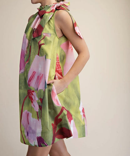 Ruffle Neck Floral Mini Dress