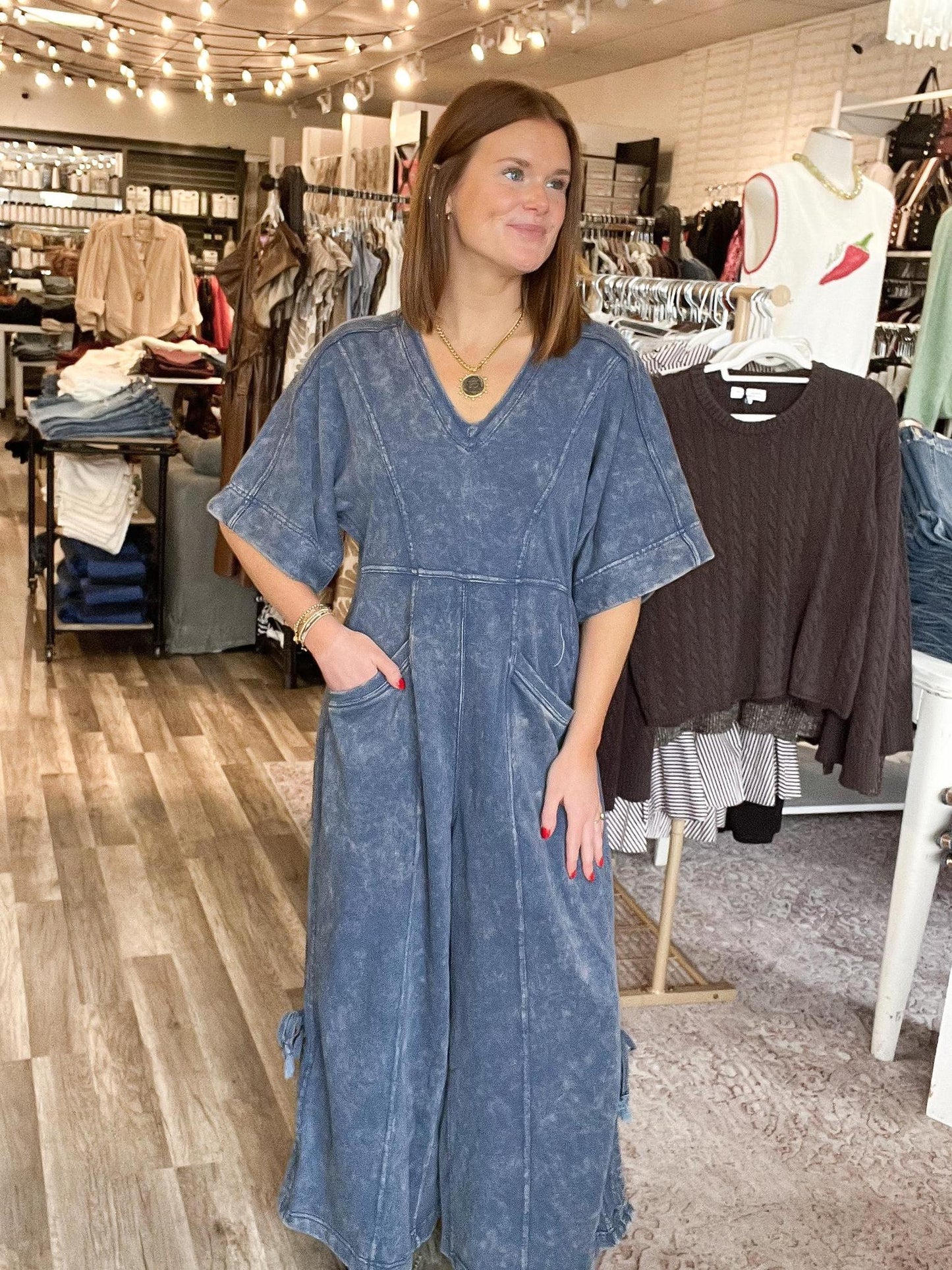 Washed Denim Knit Jumpsuit