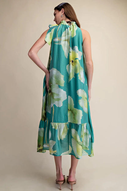 Ruffle Neck Floral Midi Dress
